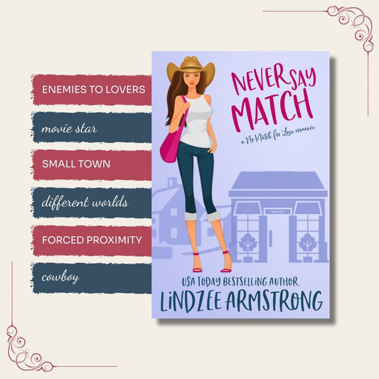 Never Say Match by Lindzee Armstrong trope map, clean romantic comedy in the No Match for Love series