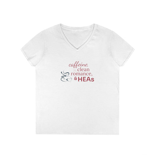 Ladies' V-Neck T-Shirt — "Caffeine, Clean Romance, & HEAs"