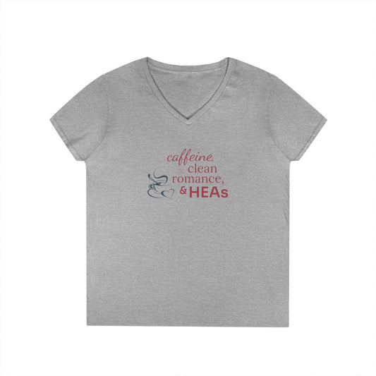 Ladies' V-Neck T-Shirt — "Caffeine, Clean Romance, & HEAs"