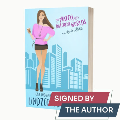 No Match for Different worlds 4-book collection by Lindzee Armstrong signed paperback omnibus, clean romantic comedy in the No Match for Love series